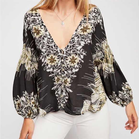 FREE PEOPLE Birds of a Feather Patterned Top Black Brown Beige Women’s Large - Picture 4 of 11